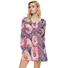 Vintage Floral Poppies Tiered Long Sleeve Mini Dress
