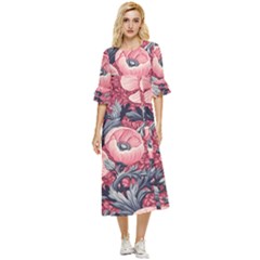 Vintage Floral Poppies Double Cuff Midi Dress