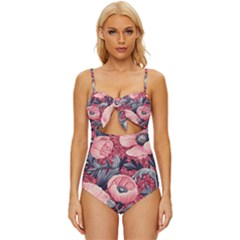 Vintage Floral Poppies Knot Front One-piece Swimsuit