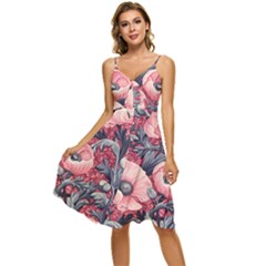 Vintage Floral Poppies Sleeveless Tie Front Chiffon Dress