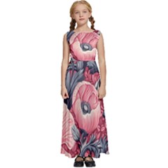 Vintage Floral Poppies Kids  Satin Sleeveless Maxi Dress