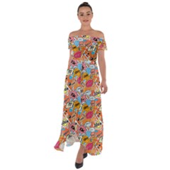 Pop Culture Abstract Pattern Off Shoulder Open Front Chiffon Dress