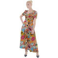 Pop Culture Abstract Pattern Button Up Short Sleeve Maxi Dress
