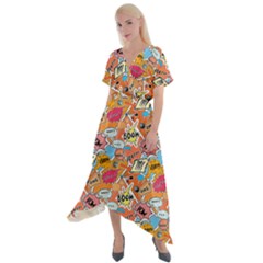 Pop Culture Abstract Pattern Cross Front Sharkbite Hem Maxi Dress