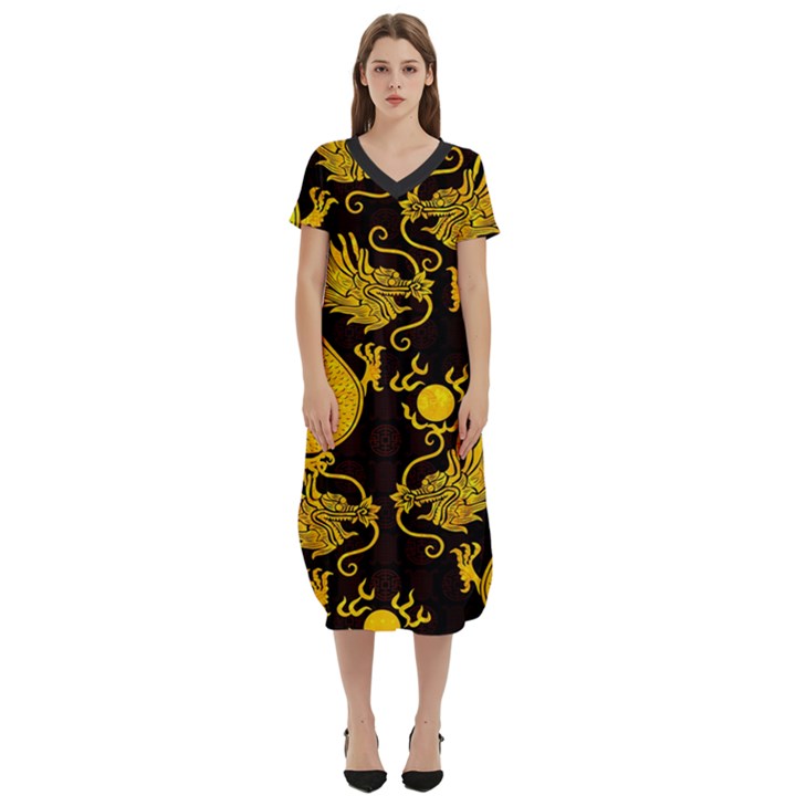 Chinese Dragon Gold Bell - Copy T-Shirt Midi Dress With Pockets