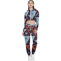 Fractal Triangle Geometric Abstract Pattern Cropped Zip Up Lounge Set by Cemarart