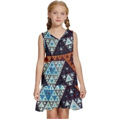 Fractal Triangle Geometric Abstract Pattern Kids  Sleeveless Tiered Mini Dress