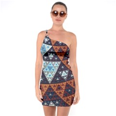 Fractal Triangle Geometric Abstract Pattern One Shoulder Ring Trim Bodycon Dress