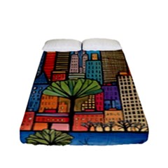 City New York Nyc Skyscraper Skyline Downtown Night Business Urban Travel Landmark Building Architec Fitted Sheet (full/ Double Size)