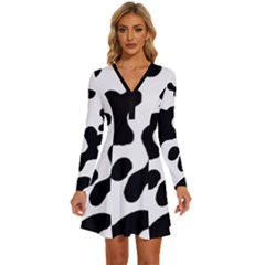 Cow Pattern Long Sleeve Deep V Mini Dress 