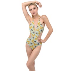 Bees Pattern Honey Bee Bug Honeycomb Honey Beehive Plunging Cut Out Swimsuit
