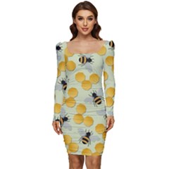 Bees Pattern Honey Bee Bug Honeycomb Honey Beehive Women Long Sleeve Ruched Stretch Jersey Dress