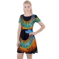 Eye Bird Feathers Vibrant Cap Sleeve Velour Dress 