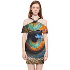 Eye Bird Feathers Vibrant Shoulder Frill Bodycon Summer Dress
