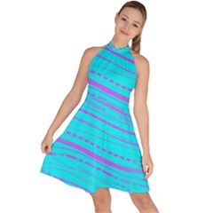 Wave Stripe Pattern Design Aqua Sleeveless Halter Neck A-line Dress by Ndabl3x