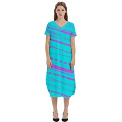 Wave Stripe Pattern Design Aqua T-shirt Midi Dress With Pockets by Ndabl3x