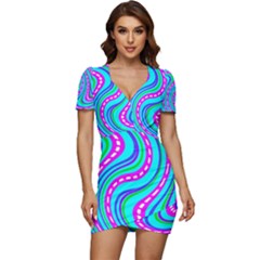 Swirls Pattern Design Bright Aqua Low Cut Cap Sleeve Mini Dress