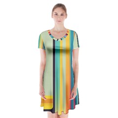Colorful Rainbow Striped Pattern Stripes Background Short Sleeve V-neck Flare Dress