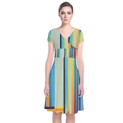 Colorful Rainbow Striped Pattern Stripes Background Short Sleeve Front Wrap Dress
