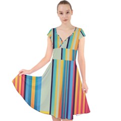 Colorful Rainbow Striped Pattern Stripes Background Cap Sleeve Front Wrap Midi Dress