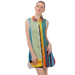 Colorful Rainbow Striped Pattern Stripes Background Sleeveless Shirt Dress