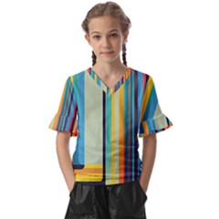 Colorful Rainbow Striped Pattern Stripes Background Kids  V-neck Horn Sleeve Blouse