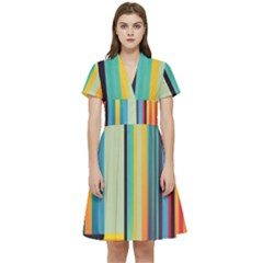 Colorful Rainbow Striped Pattern Stripes Background Short Sleeve Waist Detail Dress