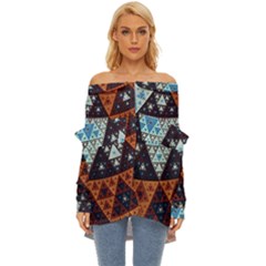 Fractal Triangle Geometric Abstract Pattern Off Shoulder Chiffon Pocket Shirt