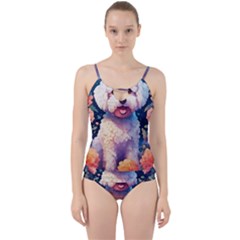 Cute Puppy With Flowers Cut Out Top Tankini Set