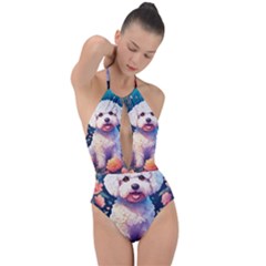 Cute Puppy With Flowers Plunge Cut Halter Swimsuit