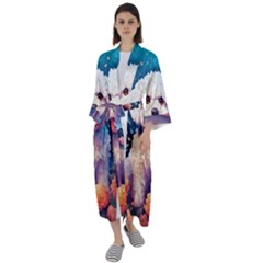 Cute Puppy With Flowers Maxi Satin Kimono by Sparkle