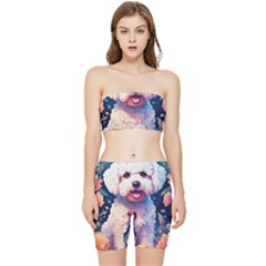 Cute Puppy With Flowers Stretch Shorts And Tube Top Set