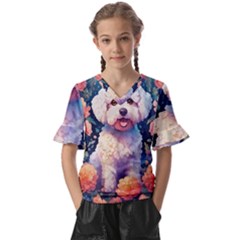 Cute Puppy With Flowers Kids  V-neck Horn Sleeve Blouse