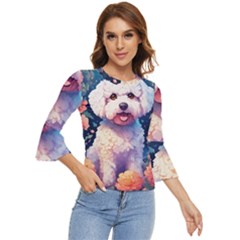 Cute Puppy With Flowers Bell Sleeve Top