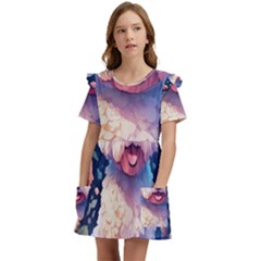 Cute Puppy With Flowers Kids  Frilly Sleeves Pocket Dress