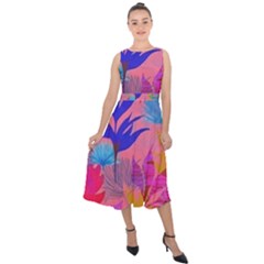 Pink And Blue Floral Midi Tie-back Chiffon Dress