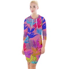 Pink And Blue Floral Quarter Sleeve Hood Bodycon Dress