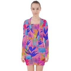Pink And Blue Floral V-neck Bodycon Long Sleeve Dress