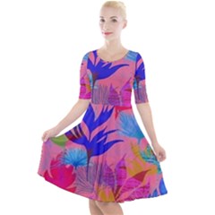 Pink And Blue Floral Quarter Sleeve A-line Dress