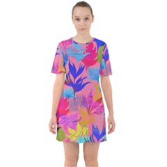 Pink And Blue Floral Sixties Short Sleeve Mini Dress