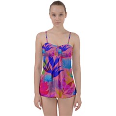 Pink And Blue Floral Babydoll Tankini Set