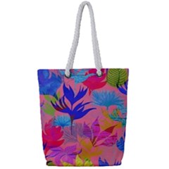 Pink And Blue Floral Full Print Rope Handle Tote (small)