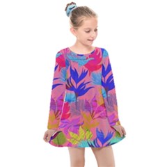 Pink And Blue Floral Kids  Long Sleeve Dress