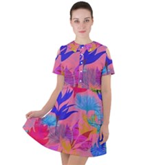 Pink And Blue Floral Short Sleeve Shoulder Cut Out Dress 