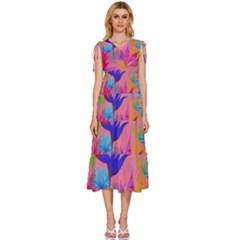 Pink And Blue Floral V-neck Drawstring Shoulder Sleeveless Maxi Dress
