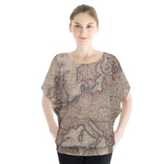Old Vintage Classic Map Of Europe Batwing Chiffon Blouse