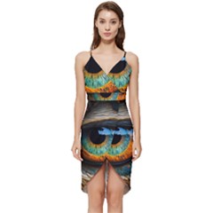 Eye Bird Feathers Vibrant Wrap Frill Dress