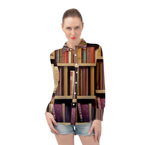 Books Bookshelves Office Fantasy Background Artwork Book Cover Apothecary Book Nook Literature Libra Long Sleeve Chiffon Shirt by Posterlux