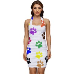 Pawprints Paw Prints Paw Animal Sleeveless Wide Square Neckline Ruched Bodycon Dress
