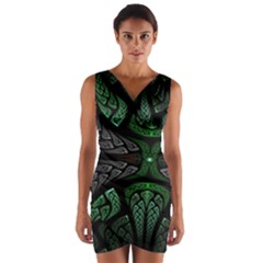 Fractal Green Black 3d Art Floral Pattern Wrap Front Bodycon Dress